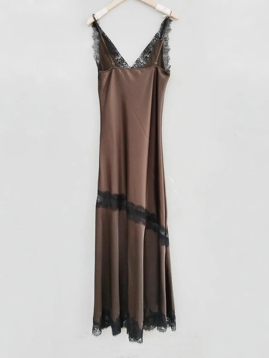 GALCAUR Abiti sexy in pizzo trasparente con giunture di colore di successo per le donne Abito elegante diviso senza maniche con scollo a V Stile di abbigliamento di moda femminile