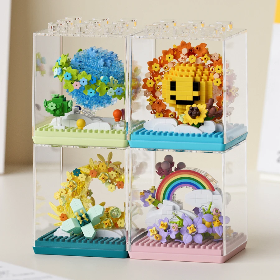 

Building blocks, eternal flower bouquet, cherry blossom treehouse, girls and children assembling toys, ornaments and gifts