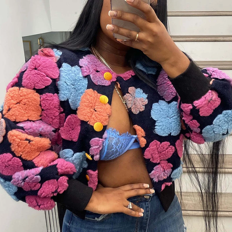 

Elegant Women Button Front Floral Appliques Long Sleeve Jacket Thick Winter Warm Puff Long Sleeve Single-breasted Baseball Coats