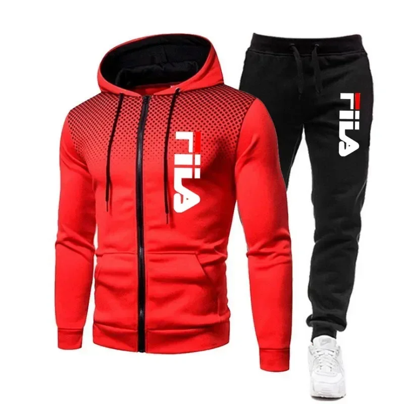 New men's casual jogging fitness fashion sports clothing set autumn and winter printed zipper hoodie + two sets of stretch pants