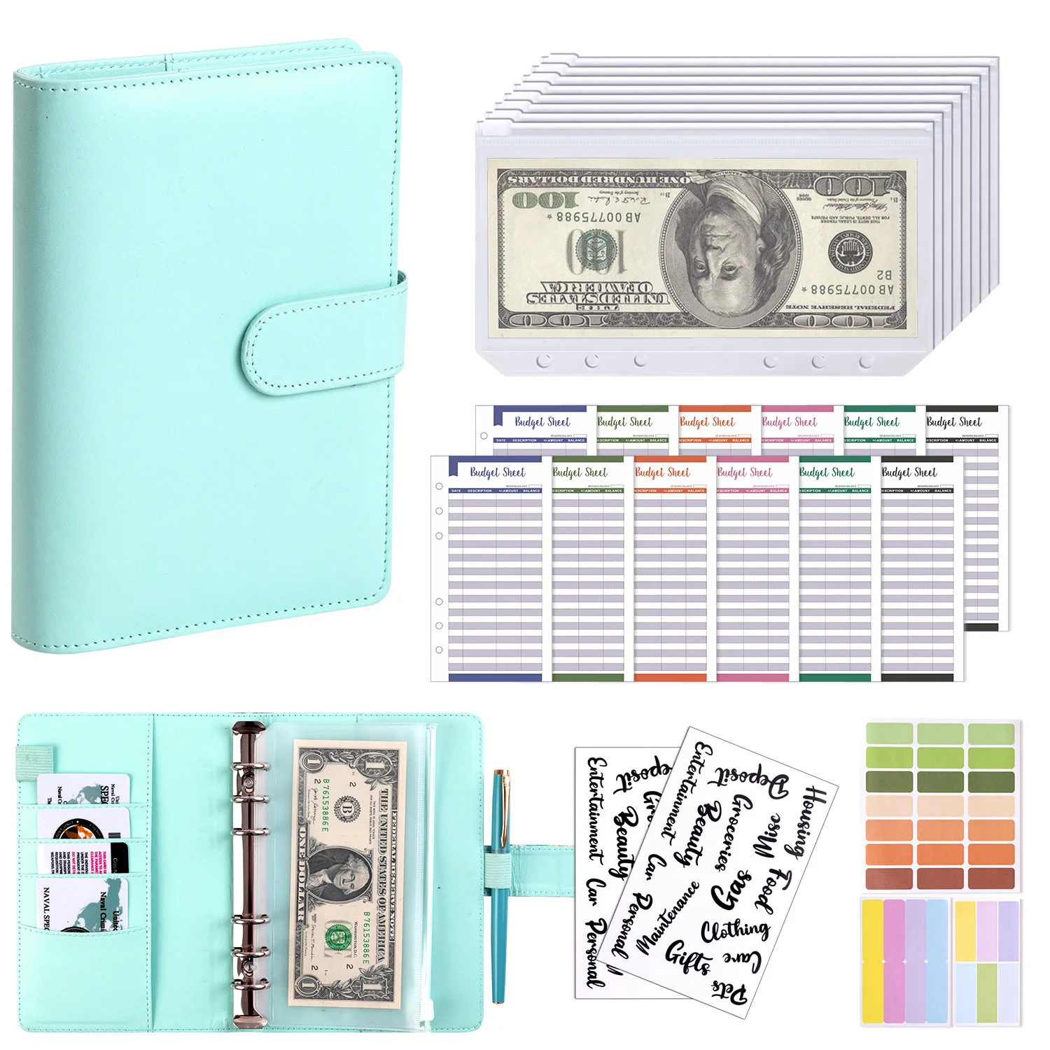 A6 Loose-leaf Binder Storage Cash Budget Book Planner Expense Sheet Macaron Colour Various Options Transparent Zip Accessories