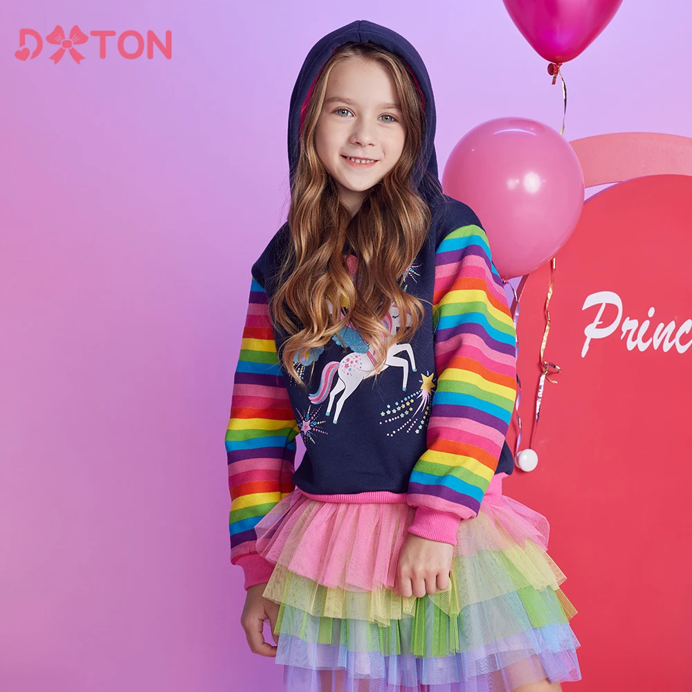 

DXTON Baby Girls Hoodies 2024 Autumn Winter Rainbow Sleeve Kids Sweatshirt Unicorn Print Girls Warm Tops Casual Children Hoodies