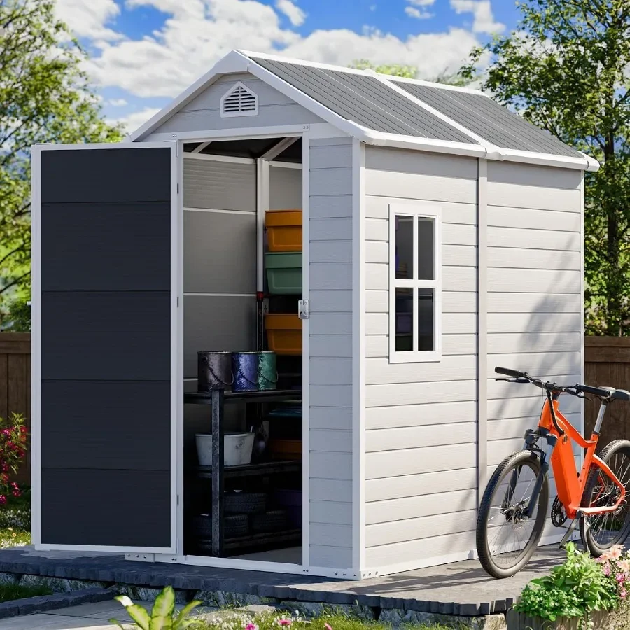 Outdoor Small Storage Shed for Feet, Waterproof Resin Construction with Floor, Gray Color, Durable and Weather-resistant