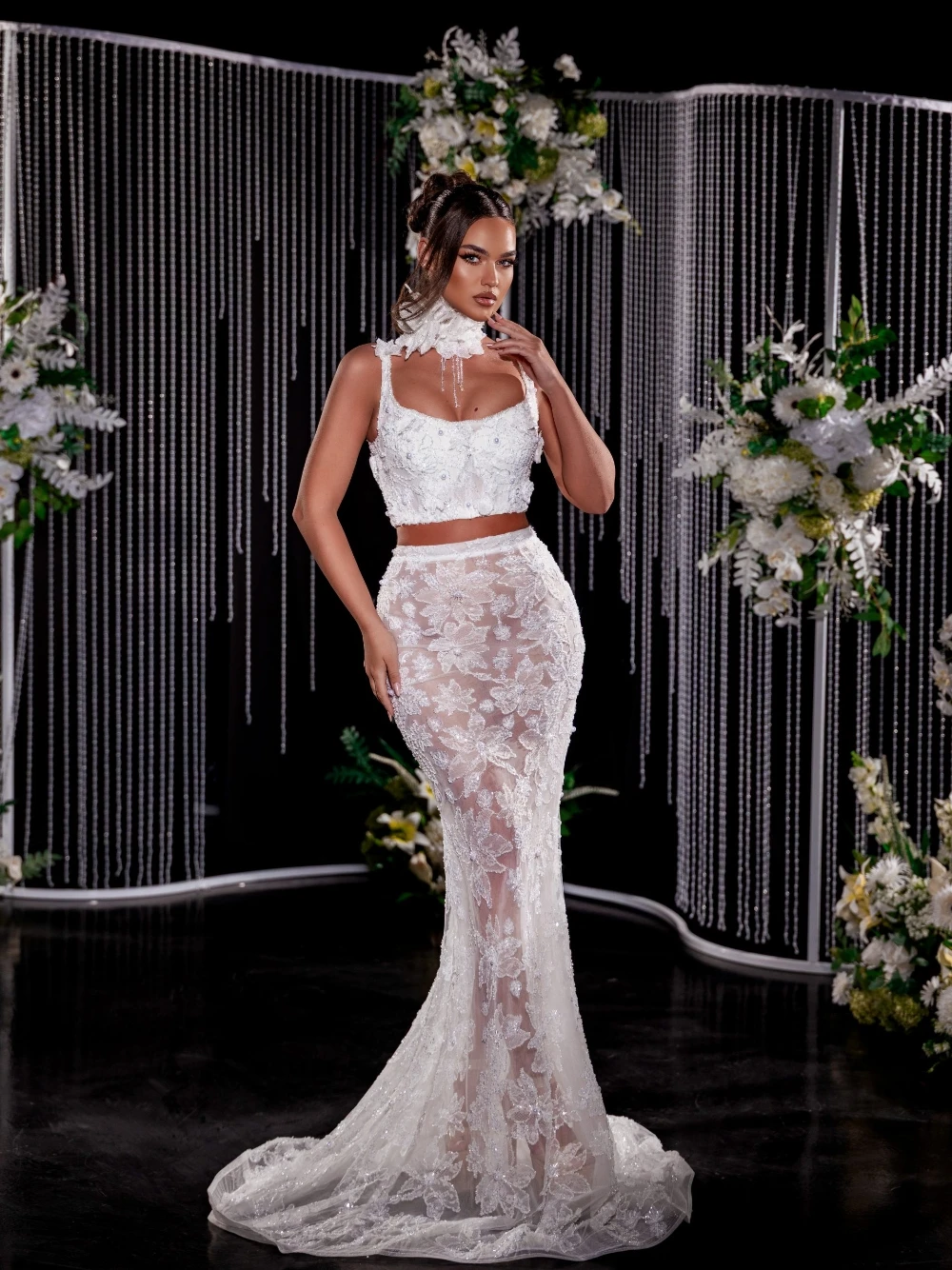 Sexy Two Piece Wedding Dress Mermaid Floral Lace See Through Bridal Gown With Train Sparkly Sequins Slim Fit Bride Formal Wear