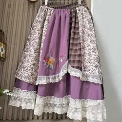 Japanese Mori Girl Patchwork Lace Up Elastic Waist A- Line Pleated Skirt Vintage Embroidery Cotton Skirt Jupe Femme Faldas