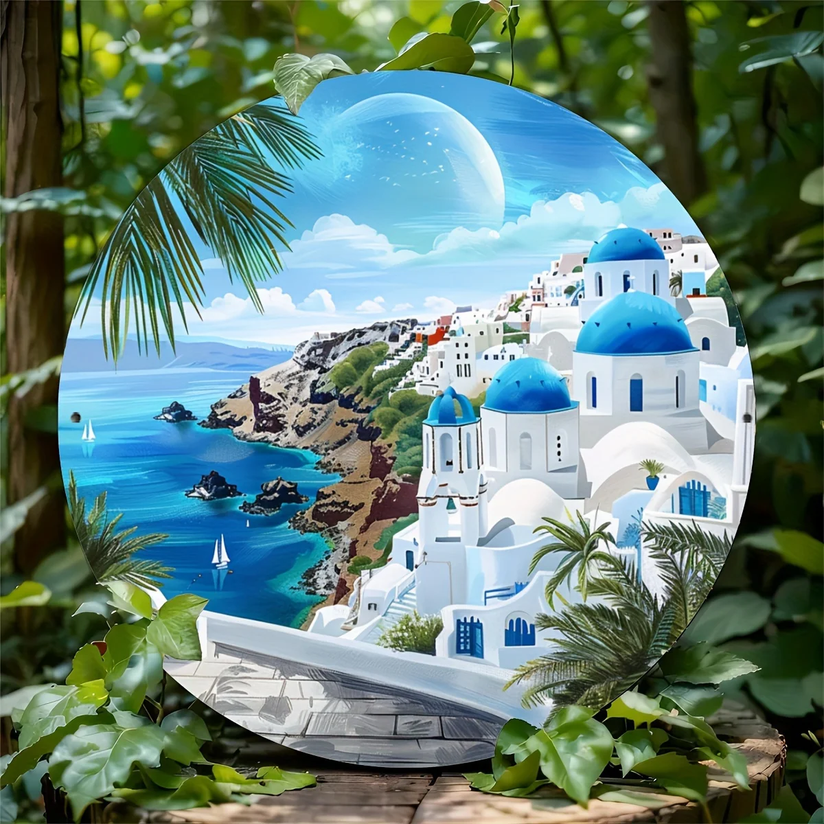 2D Flat - A Flat Aluminum Foil Art Plate, Measuring 20.32 by 20.32 Cm, Features a Two-Dimensional Depiction of The Santorini Lan