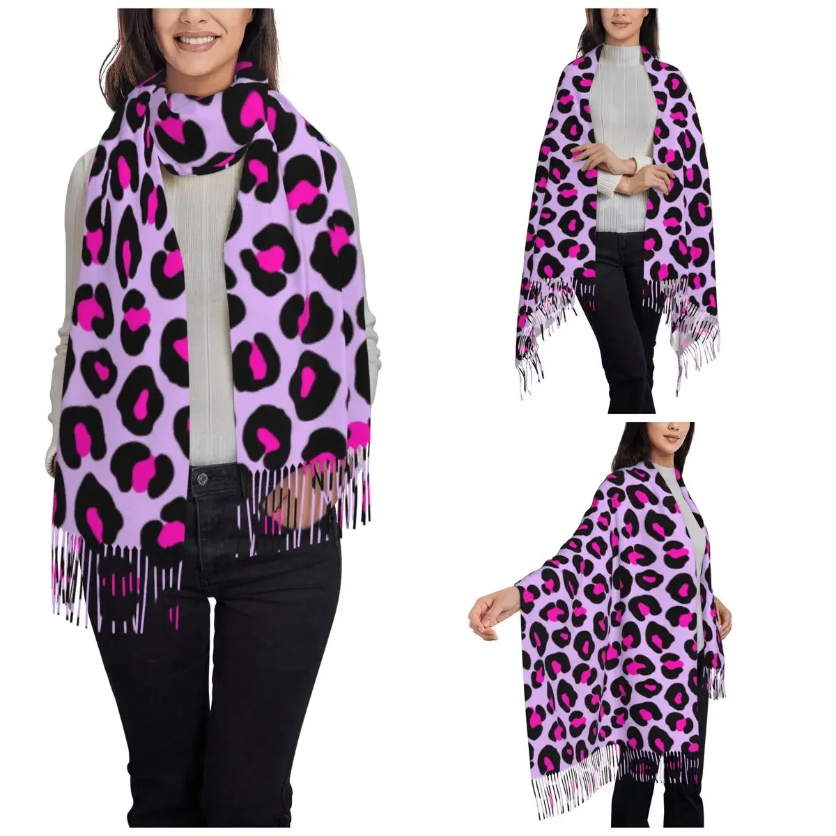 Women's Scarf with Tassel Leopard Texture Large Winter Fall Shawl and Wrap Exotic Camouflage Daily Wear Cashmere Scarf