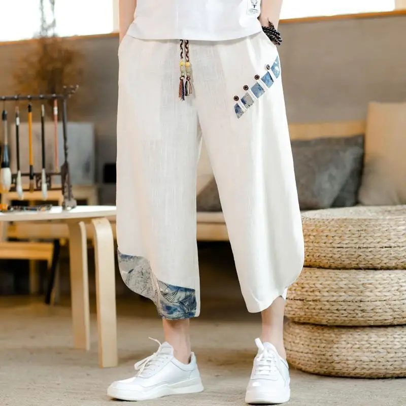 

Japanese Cotton Linen Harem Pants Summer Breathable Linen Cropped Pants for Men Casual Elastic Waist Fitness Pants