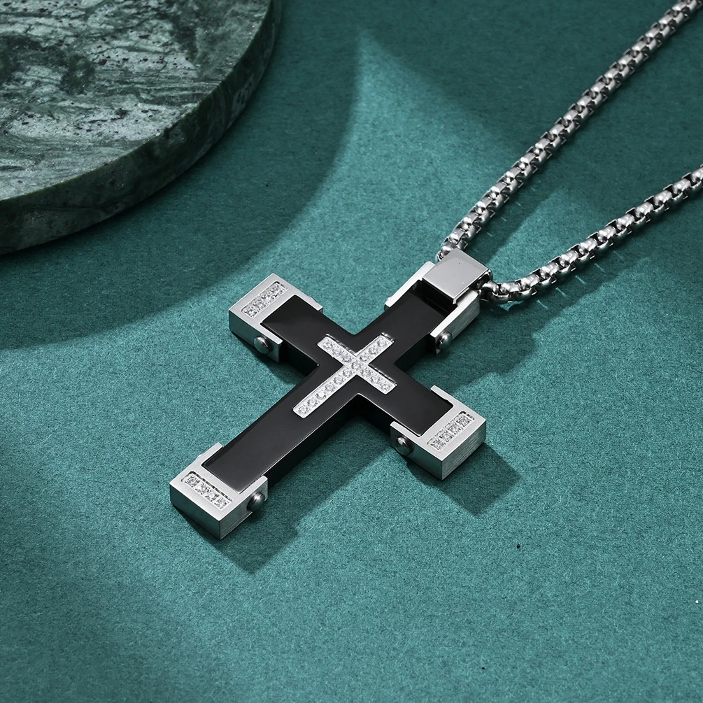 Five Piece Combination rRoom Electric Black cross Inlaid White Zircon Necklace Punk Personality Men's Pendant Accessory Necklace