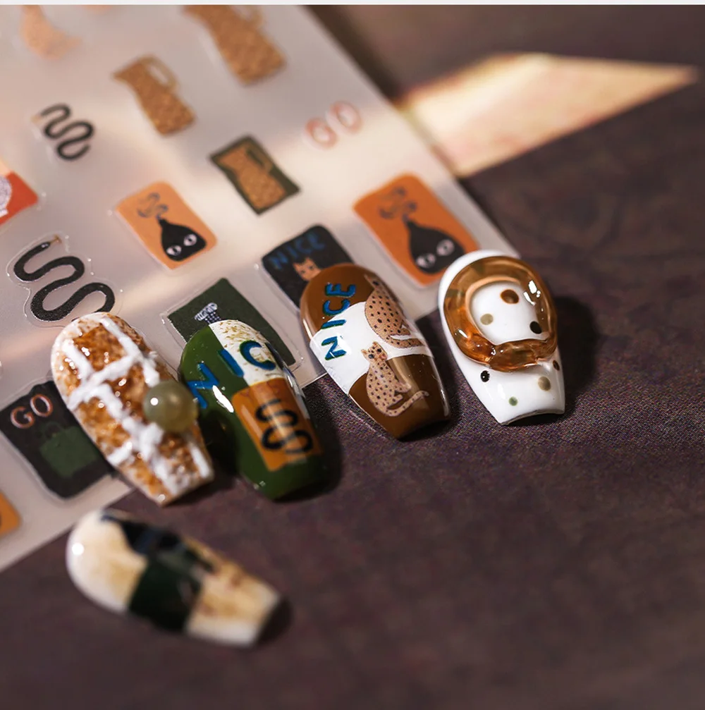 1pc 3D Acrylic Modern Nail Stickers Fashion Vintage Cats Nail Adhesive Transfer Decals Slider Nail Art Decor