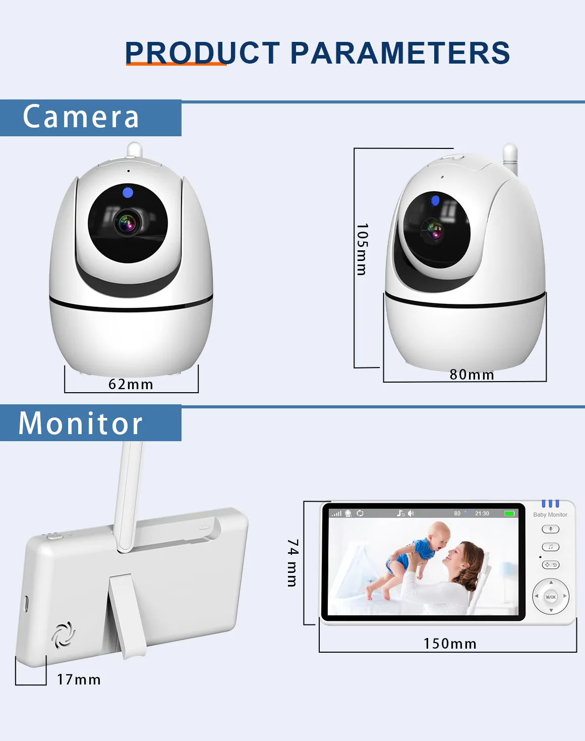 Monitor de Bebé con Video HTMCK de 5 Pulgadas, Visión Nocturna, Zoom 4X, Audio Bidireccional, Cámara para Niñera, Madre, Cuidadora de Bebés