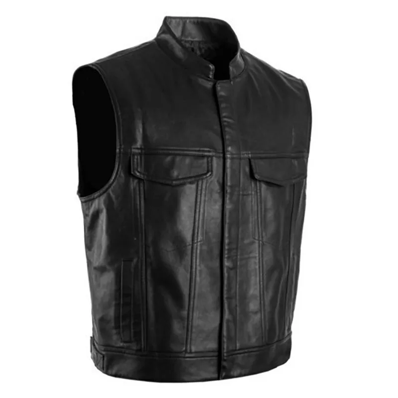 

Autumn Winter Man Cargo Vest Round Neck Motorcycle Biker Men Leather Waistcoat Loose Zipper Button Sleevelees Male Jacket