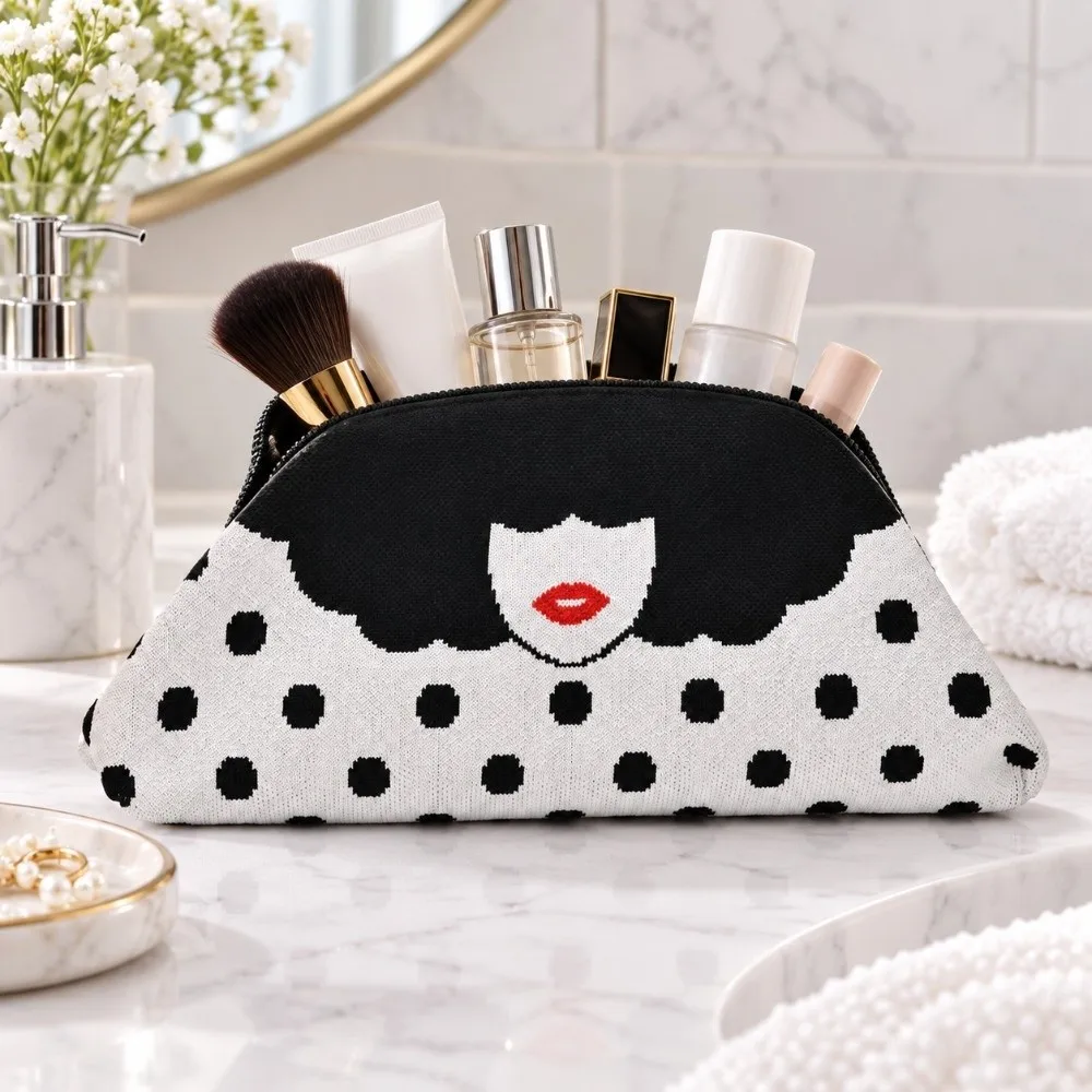 Washable Knitted Clutch Bag Color-Blocking Polka Dots Striped Cosmetic Handbag Vintage Lightweight Lip Printed Evening Bag