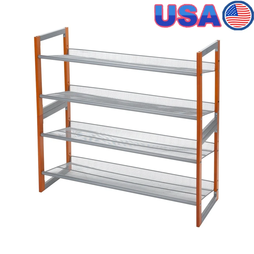 

4 Tier Stackable Shoe Rack Holds 16 Pairs Wooden Chrome Shelves Ideal Closet Entryway Bedroom Organization