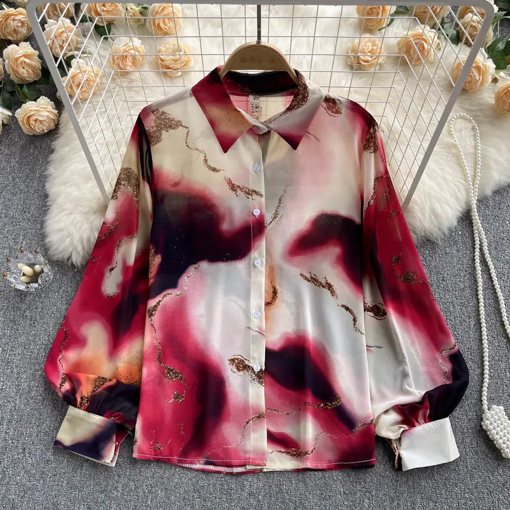 2023 Spring and Autumn Women\'s New Fashion Tie Dyed Polo Collar Long Sleeve Shirt Loose Temperament Casual Versatile Shirt