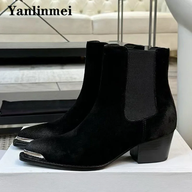 Luxury Suede Leather Western Cowboy Boots Woman Metal Pointed Toe Slip-On Chelsea Shoes Women Square Heels Ankle Boots For Women