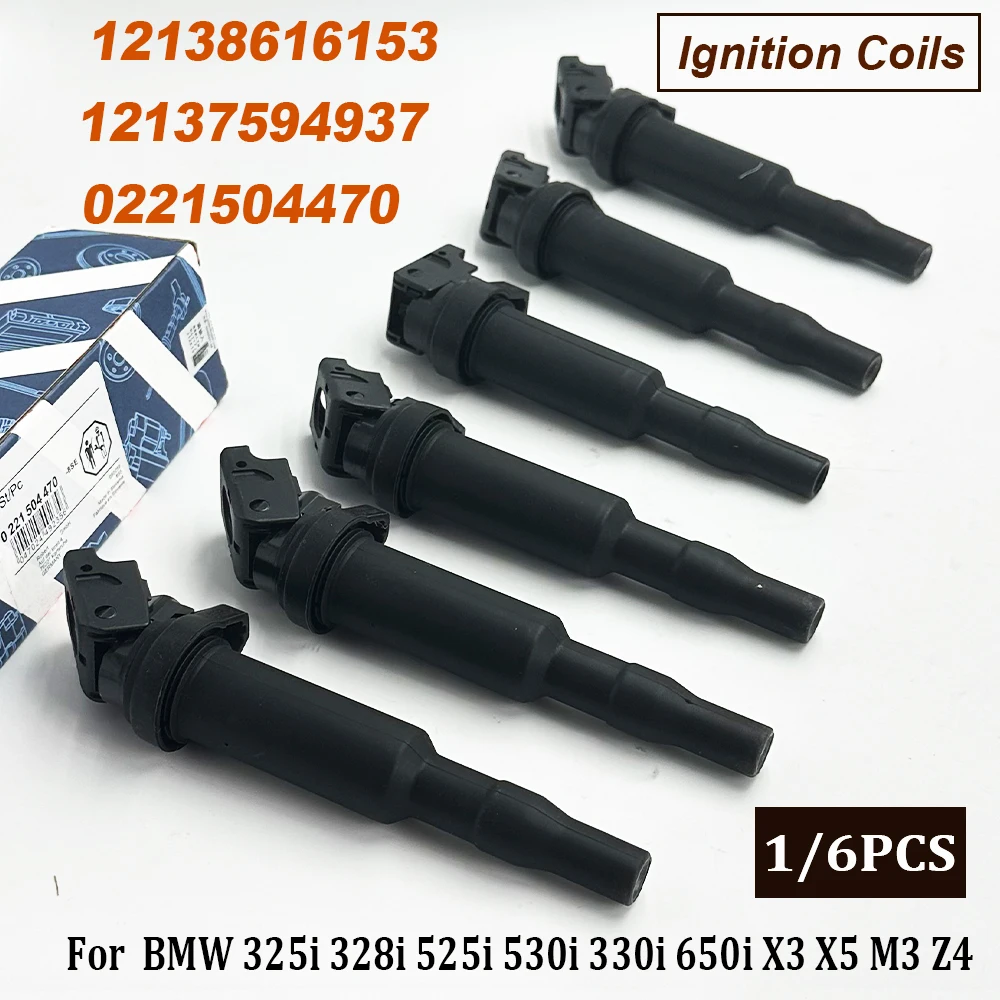 1/6PCS 0221504470 Ignition Coils 12138616153 12137594937 221504470 For B-MW 325i 328i 525i 530i 330i 650i X3 X5 M3 Z4