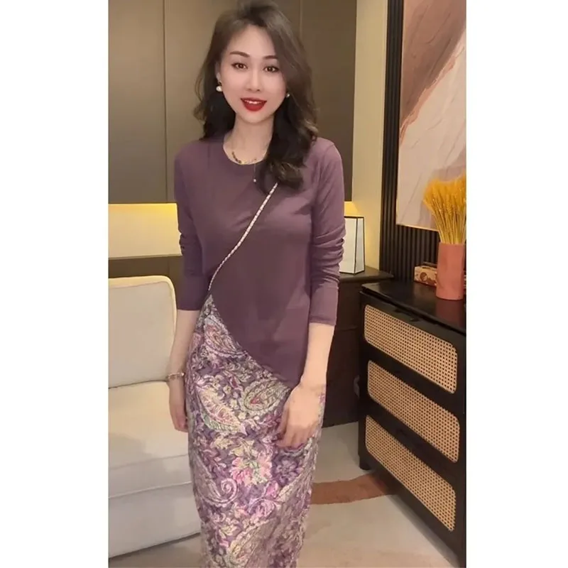 

French Women Fashion Round Neck Maxi Skirt Femme Casual Floral Long Skirts Spring Autumn Ladies Large Size 5XL Split Skirt 2PCS