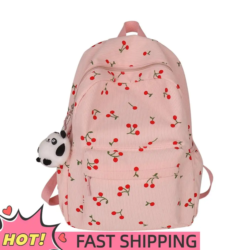 

Вельветовый рюкзак с вишневым узором, женская милая сумка для книг, школьная сумка с регулируемым ремешком, рюкзак на молнии для работы, школы покупок