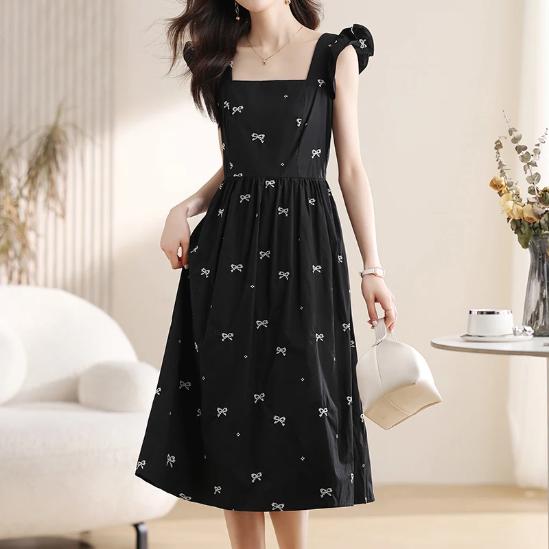 

Bow Embroidery Black Dress Summer Elegant Casual Sleeveless Tank Midi Dress Back Zipper Square Collar Tank Dress Y2K Girl Outfit