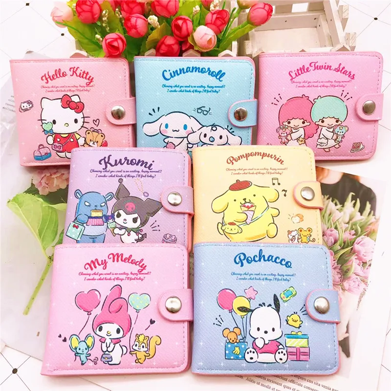 Sanrio Kawaii Hello Kitty Kurumi Pu Small Short Women's Wallets Card Holder Cover with Buttons Children's Birthday Present