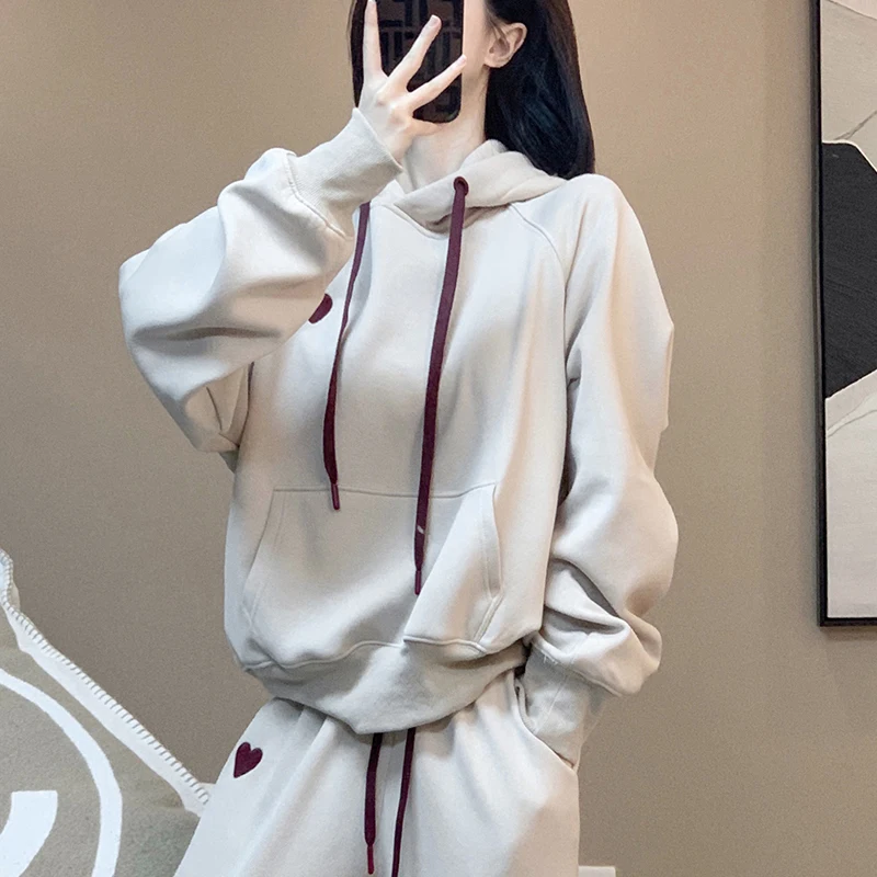 Off white Love Hooded top Sports Set for Women\'s 2023 Spring and Autumn new Loose Embroidery Casual Sports two-Piece set S-2XL