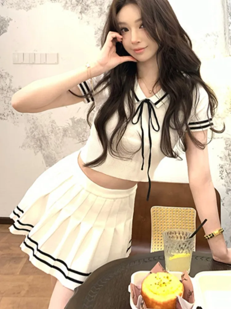 Korean Fashion Knitted Two-piece Set Women Short Sleeve Patchwork Cropped Top Pleated Mini Skirt Preppy Style Outfits New