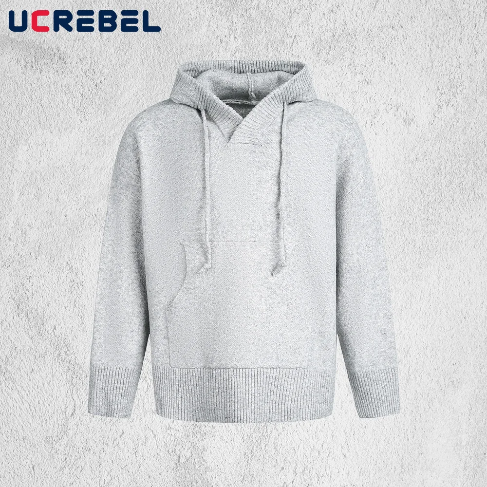 Maglione con cappuccio con tasca frontale Uomo Autunno Inverno Retro High Street Pullover lavorato a maglia a maniche lunghe con spalle scoperte allentate