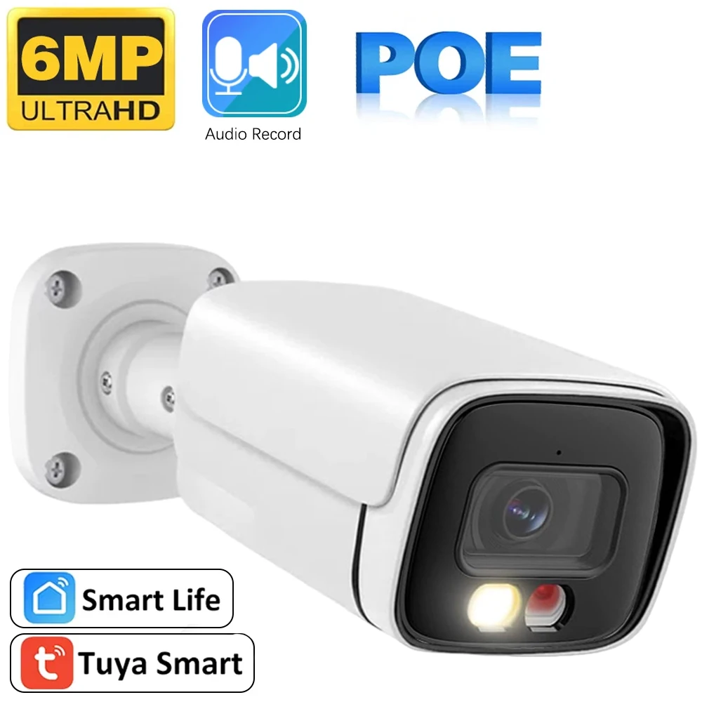 

IP-камера TUYA Smart Life POE, уличная металлическая пуля, домашняя 6-мегапиксельная цветная IP-камера ночного видения с функцией обнаружения человека, 2-аудио, IP-камера безопасности