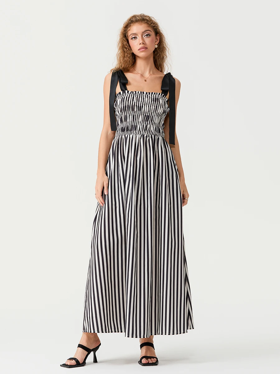 

Women s Stripe Print Cami Dress Tie Spaghetti Strap Shirred Detail Backless Long Flowy Dress with Pockets