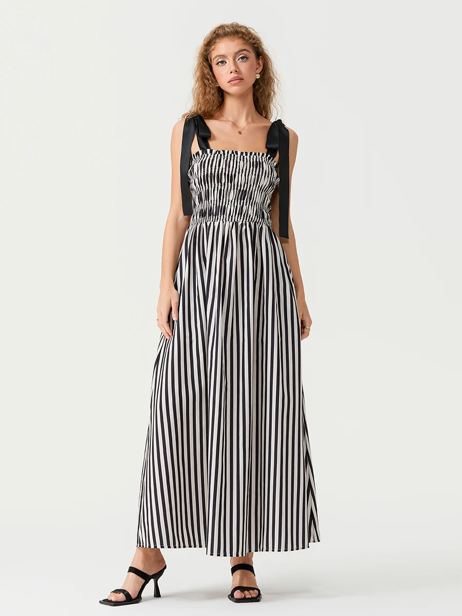 

Women Striped Sleeveless Maxi Dress Swing Cutout Dress Backless Smocked Spaghetti Strap Flowy Long Sundress