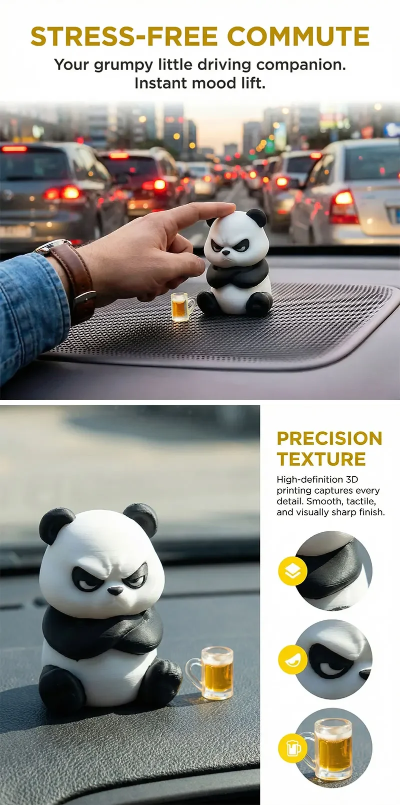 Lustiger 3D-gedruckter wütender Panda als Auto-Armaturenbrett-Deko, niedliche Auto-Accessoires zur Stresslinderung, Ornamente für Auto und Schreibtisch zu Hause. – Detail 2