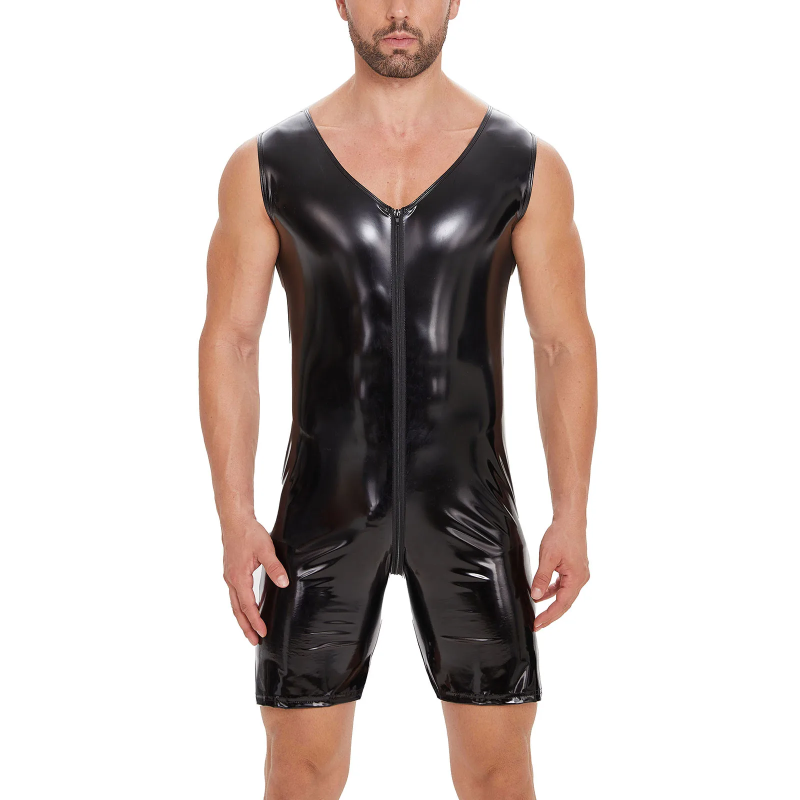 

S-7XL Men's Zipper PU Leather Jumpsuit Sexy Sleeveless Leotard Male Bodysuit PVC Latex Wet Look Wrestling Singlet Dance Clubwear