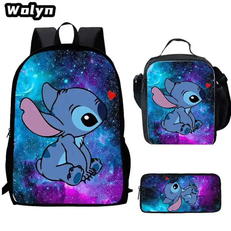 3Pcs Set Cartoon  S-Stich Prints School Backpack Lunch Bags Pencil Bags for Kindergarten, Cartoon School Bag for Boys Girl