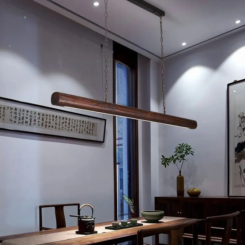 Minimally designed long strip Chinese restaurant chandelier Zen walnut wood Solid wood study lighting fixtures