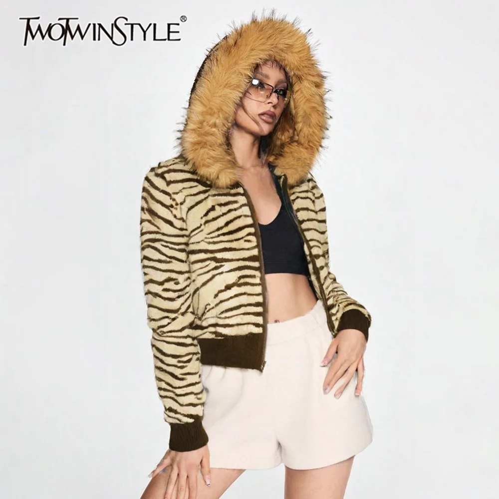 

TWOTWINSTYLE Hit Color Loose Spliced Striped Fashion Jackets for Women Hooded Collar Long Sleeve Patchwork Fur Jacket Female New