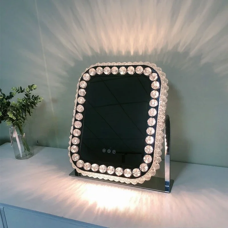Dressing mirror ins Internet celebrity led makeup mirror with lamp mirror girl crystal desktop large intelligent fill