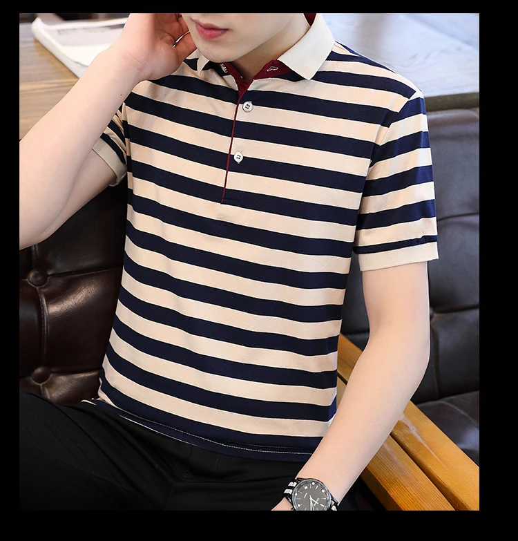 2024 minimalist casual summer new striped lapel men\'s fashion versatile cotton button loose short sleeved POLO shirt T-shirt top