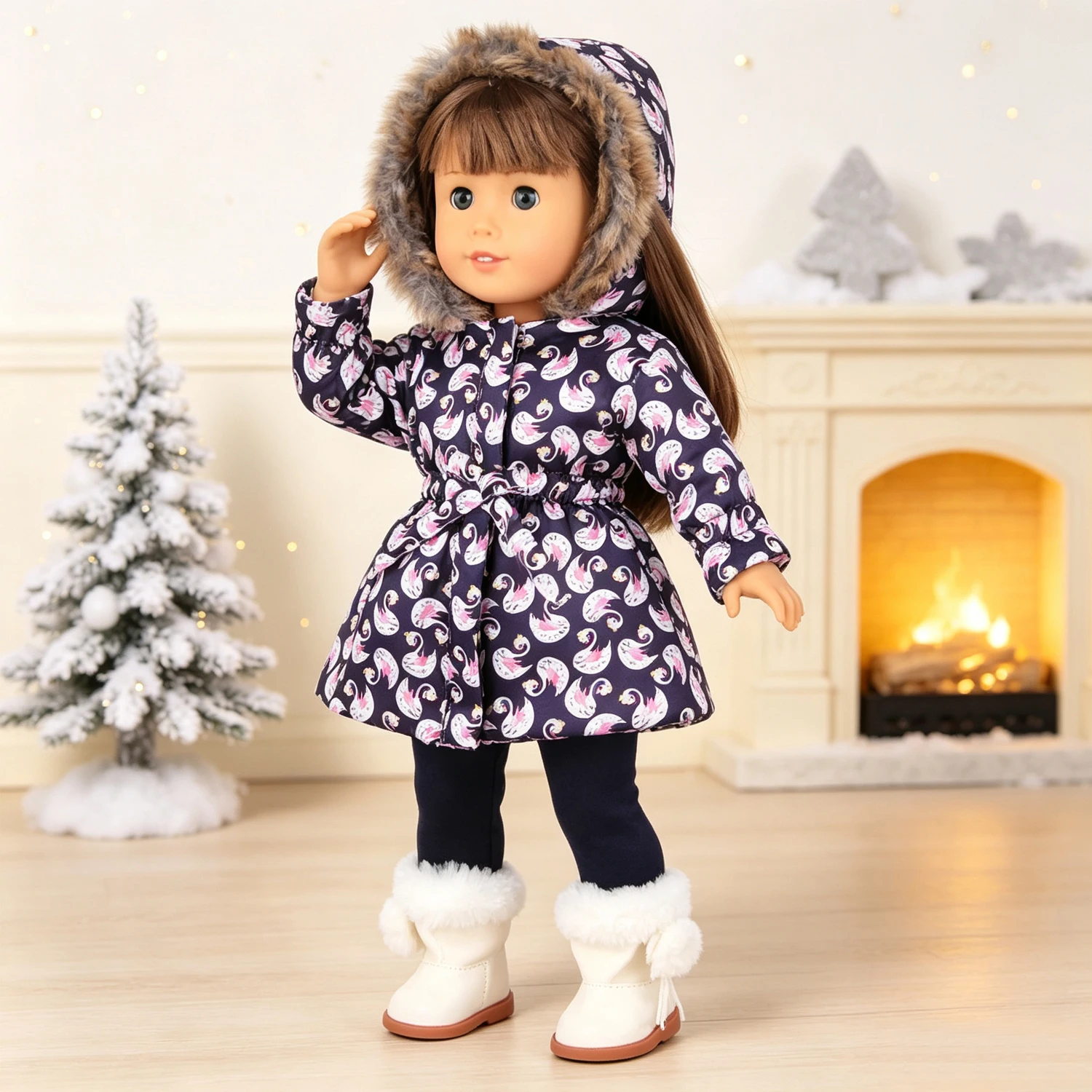 Winter Doll Clothes Set Floral Paisley Hooded Parka With Pants + Snow Boots For 18" American & 43cm Baby Newborn,OG Girl Dolls view 6