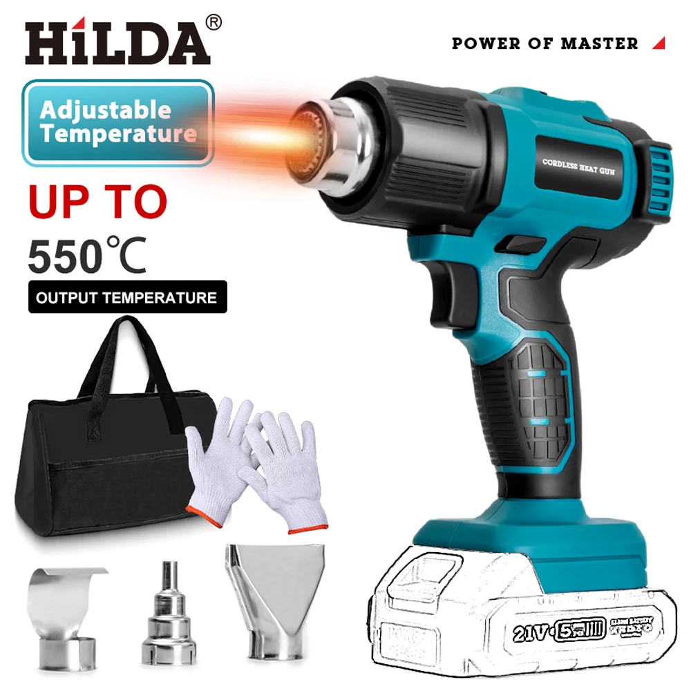 HILDA 21 فولت يده مسدس هواء ساخن درجة الحرارة قابلة للشحن اللاسلكي لبطارية ماكيتا مسدس الحرارة الكهربائية مع فوهات