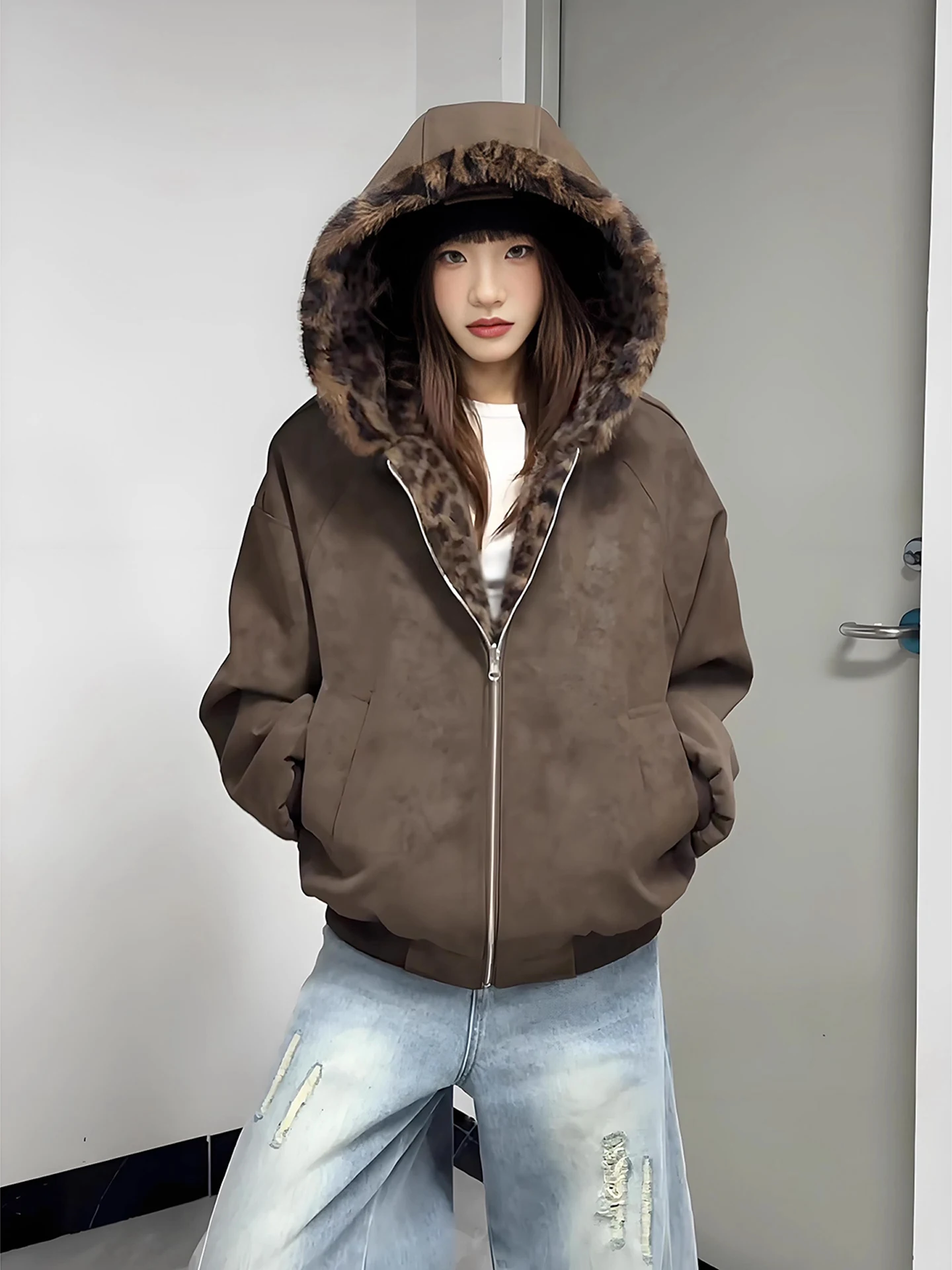 

ex Thiened Fce на подкладке с капюшоном из искусственной кожи, хлопковое пальто, одинаковая зимняя верхняя одежда для пар, мужская свободная посадка, молодежный тренд