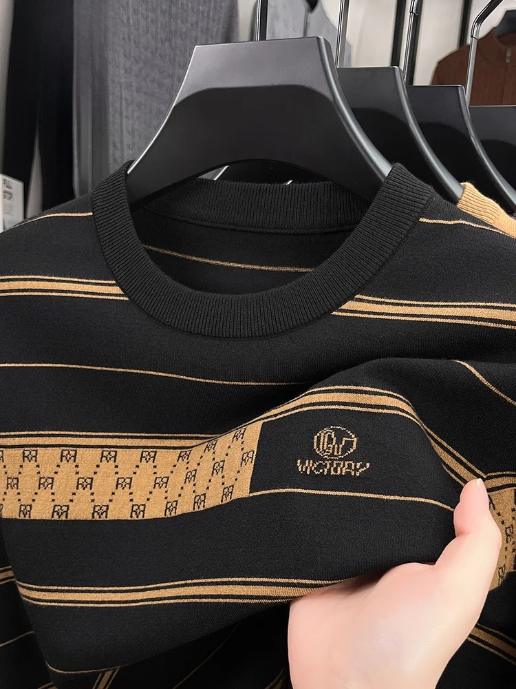 

Мужской вязаный свитер с длинным рукавом, повседневный, с круглым вырезом, свободного кроя, модный базовый слой, осенняя новинка, контрастный дизайн