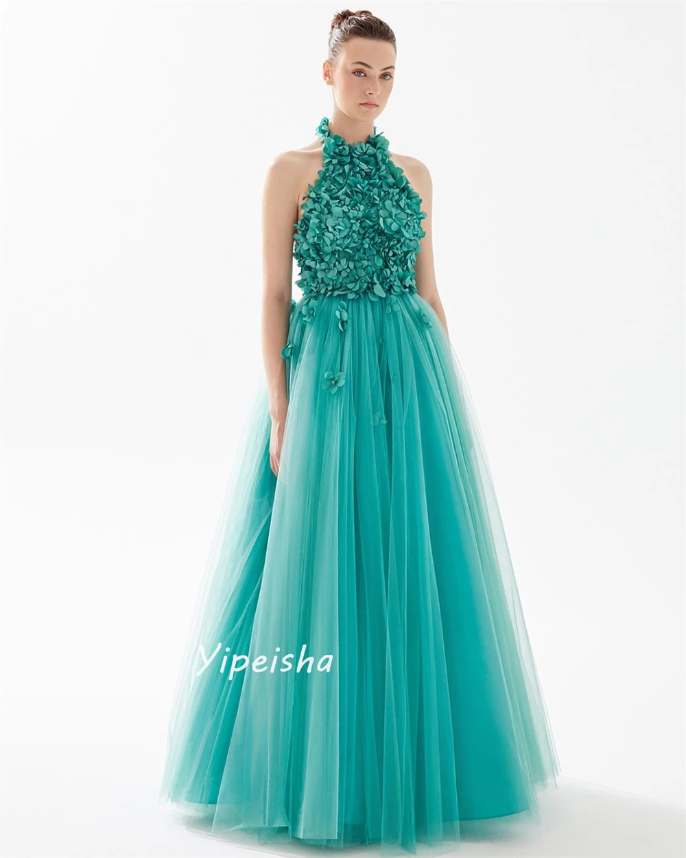 Yipeisha-requintado vestido de baile Halter, Beading Flower, drapeado até o chão, Net Tulle Prom Dresses