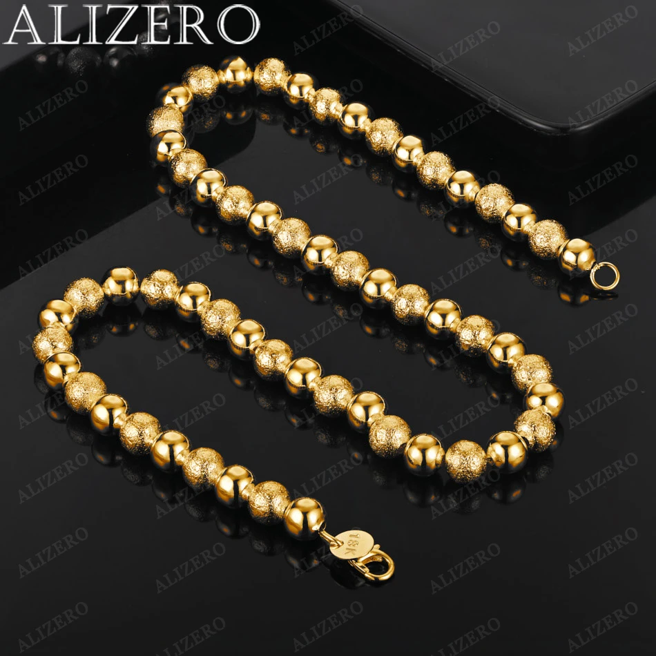 ALIZERO 18K Gold 8mm Frosted Smooth Beads Necklaces 18 Inches Man Women Fine Jewelry Wholesale Personality Trend Bead Chain