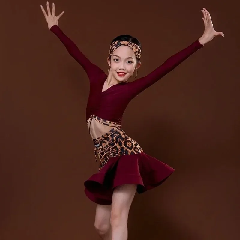 

Детское танцевальное платье для румбы и самбы с леопардовым принтом, одежда для латинских танцев, костюм для бальных танцев для девочек, ча-ча, танго