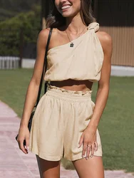 2023 New Solid Shorts Set Summer Casual Two Pieces Sets Women One Shoulder Tops And Elastic Waist High Mini Shorts Suits