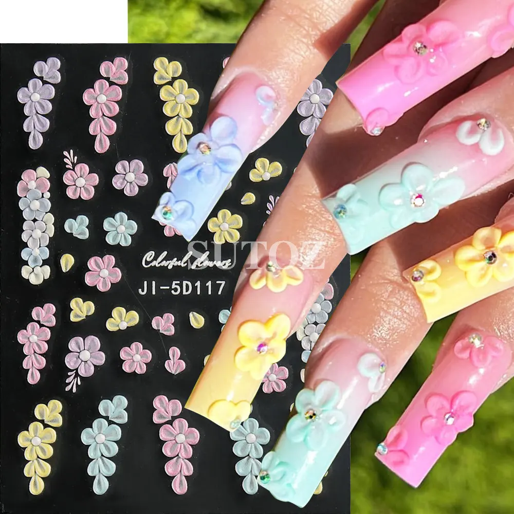 5D Colorful Flowers Nail Stickers Butterfly Rose Spring Summer Decals Macarone Nail Sliders Relief Art Manicure Decors LEBJI-5D