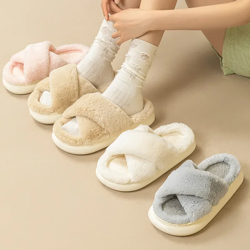 Women's Slippers Comfortable Soft All Season Linen Slippers Indoor Anti Slip Soft Soles Crossed Plush Slippers Home Casual Shoes