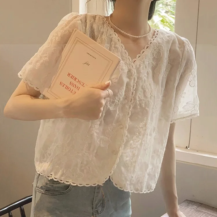 

Short Sleeve Shirts Womens Light Luxury Chiffon Pleated Pintuck Slim Fit French Artistic Feminine Urban Student Chic Elegant