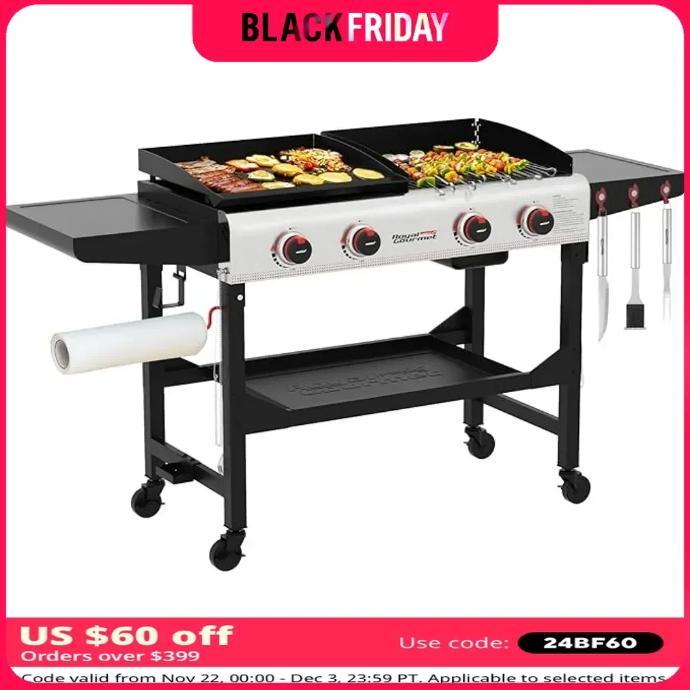 4-Burner Portable Flat Top Gas Grill and Griddle Combo with Folding Legs, 48,000 BTU